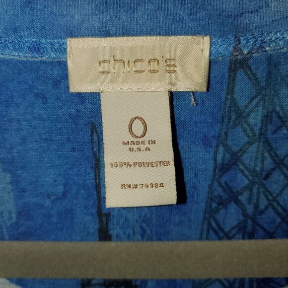 CHICOS BLUE AND BLACK PARIS GRAPHIC 3/4 SLEEVE TOP SIZE 0 (XS) (SIZE 2) - Picture 3 of 5